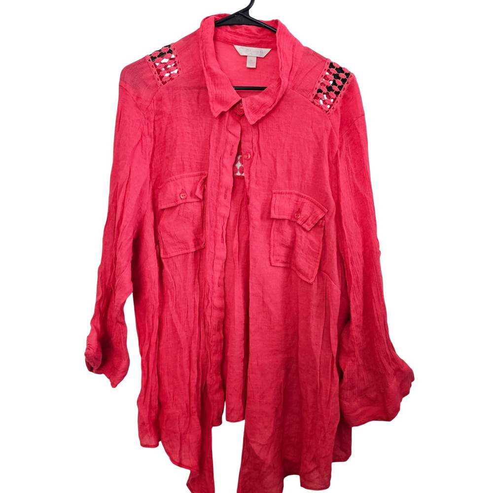Krazy Kat Womens 3X Red Pink Crinkle Gauze Crochet Shoulder Button Down Shirt